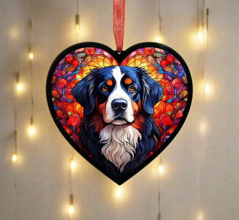 Bernese Mountain Dog Stained Glass Effect Heart Suncatcher